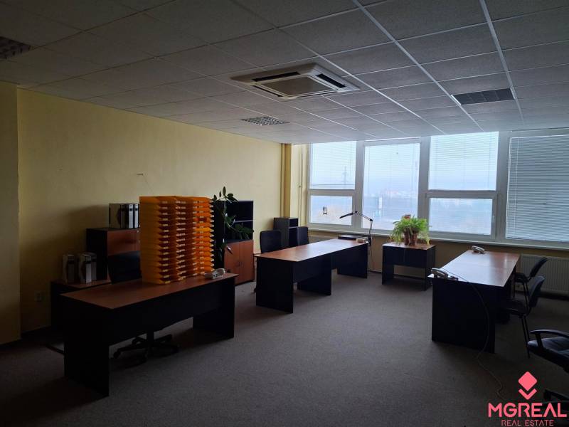 Iroda három íróasztallal, növényekkel és kilátással nagy ablakokon keresztül.