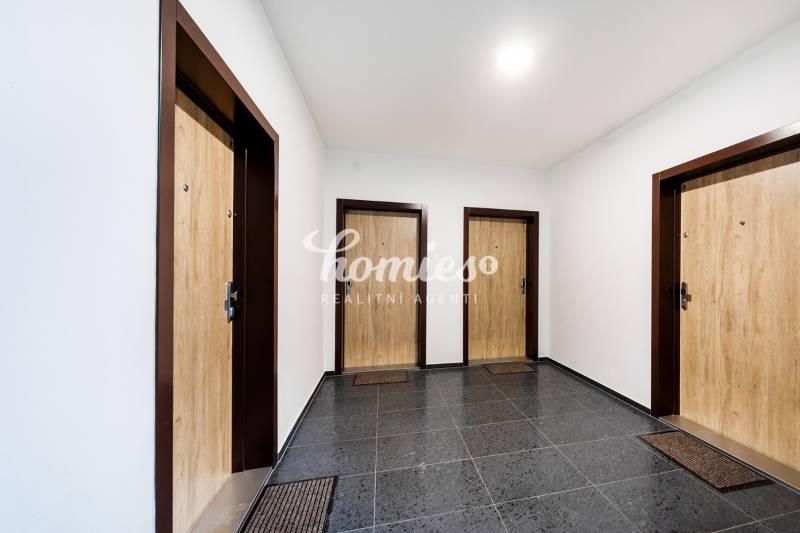 Folyosó három bejárati ajtóval és sötét padlóval, dekoratív elemekkel.