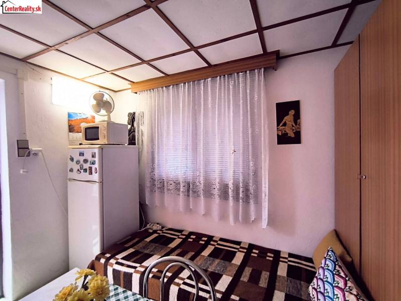 Kunyhó egyszerű belső térrel, kanapéval, hűtőszekrénnyel, mikrohullámú sütővel és virágdíszítéssel.