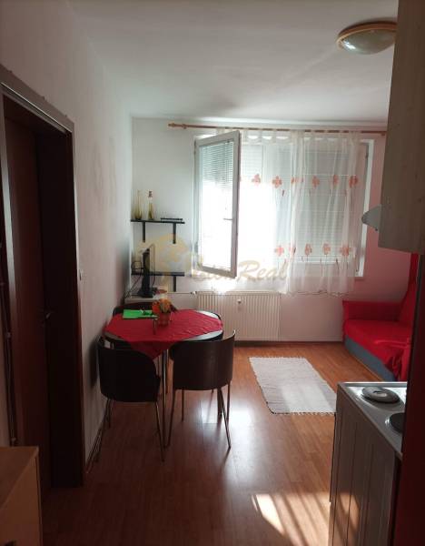 Egy szobás lakás nappali része fa mintázatú padlóval, asztallal és székekkel.