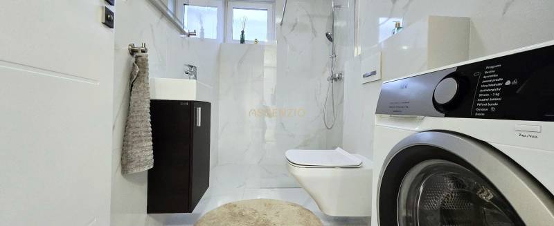 Fürdőszoba családi házban mosógéppel és zuhanyzóval, elegáns csempékkel.