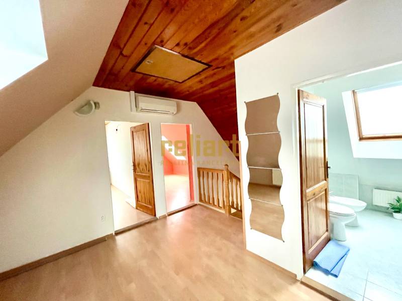 Családi ház belső tere fa dekorációjú padlóval és tetőablakkal.