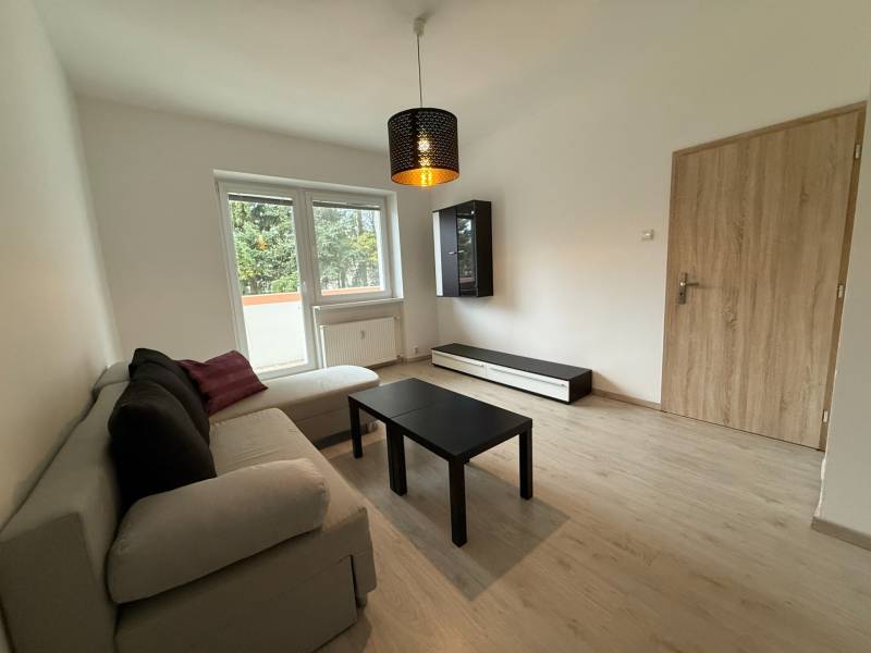 Nappali kanapéval és asztallal berendezve, fa dekoros padlóval.