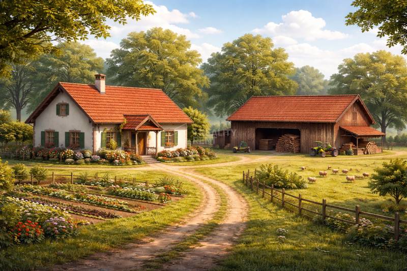 Családi ház Zákopčieban, virágokkal, kerttel és mezőkkel körülvéve, mellette egy pajta traktorral.