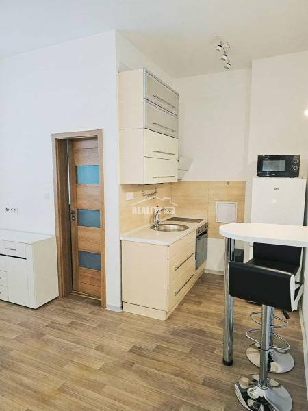 Garzonlakás konyhasarokkal, bárpulttal és fa dekorációjú padlóval.