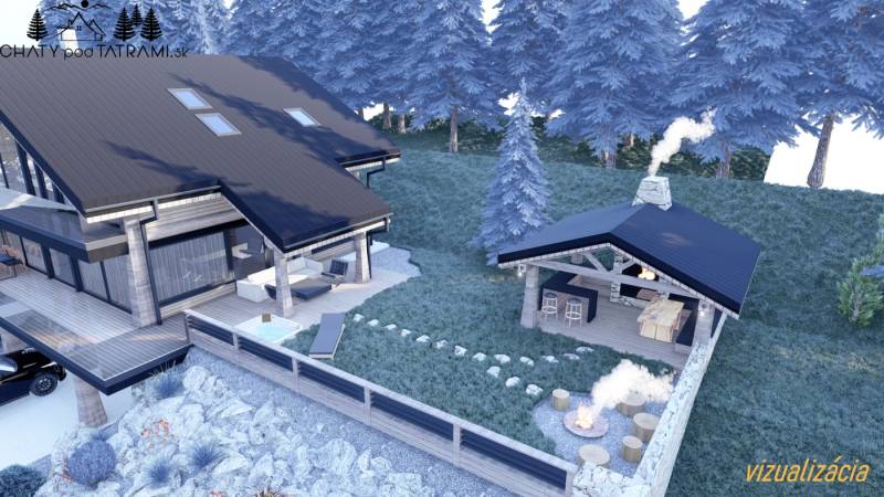 Rekreációs ház látványterve pavilonnal és tűzrakóhellyel a Pozemky - bývanie, Mýto pod Ďumbierom területen.