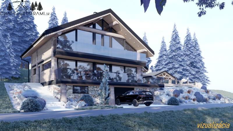 Faház üvegezett terasszal téli tájban Mýto pod Ďumbieromban.