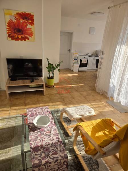 Családi ház nappalija kanapéval, televízióval és kilátással a konyhára.