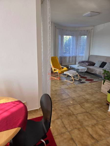 Nappali egy családi házban ablakkal, sárga fotellel és asztallal.