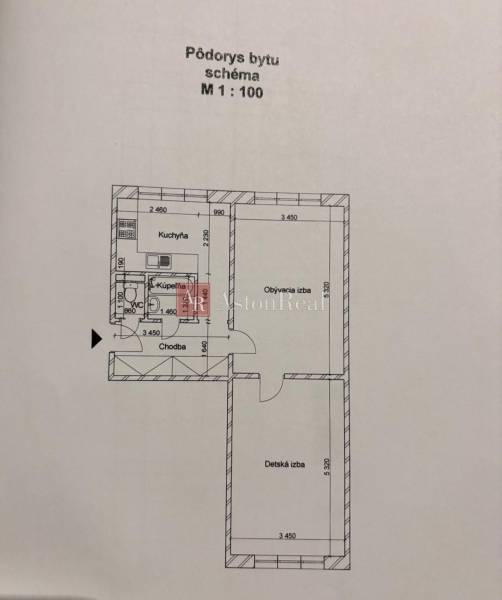 Két szobás lakás alaprajza a helyiségek megjelölésével: konyha, fürdőszoba, nappali, előszoba.