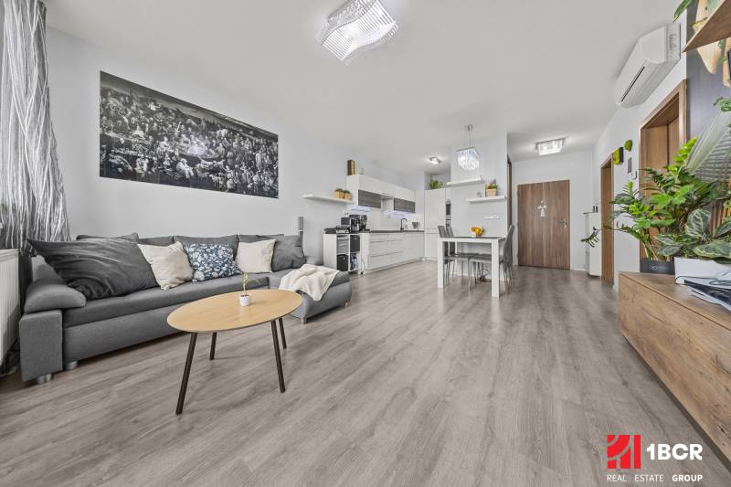 Nappali egy kétszobás lakásban, fa mintázatú padlóval, szürke kanapéval és növényekkel.