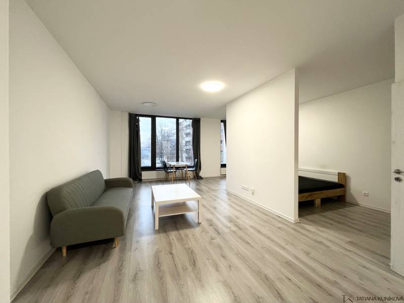 1 szobás lakás fa dekor padlóval, kanapéval és étkező sarokkal.