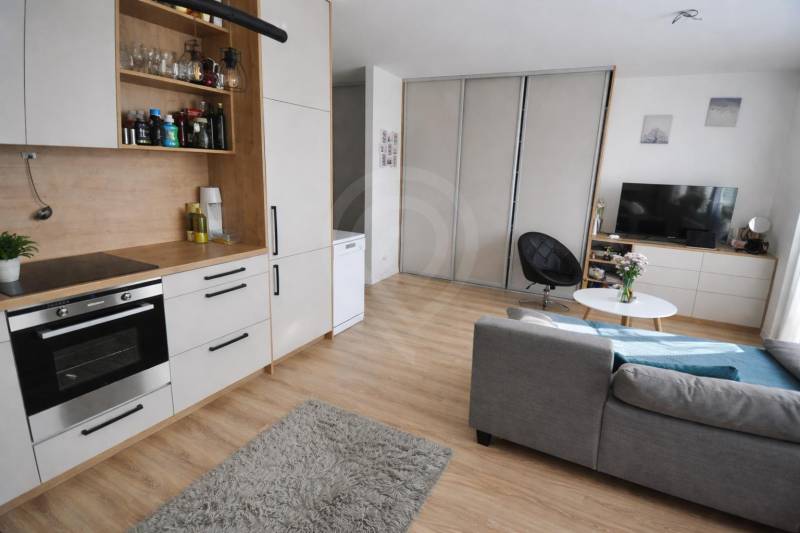 1 szobás lakás belső tere szürke kanapéval, konyhabútorral és fa dekorációjú padlóval.