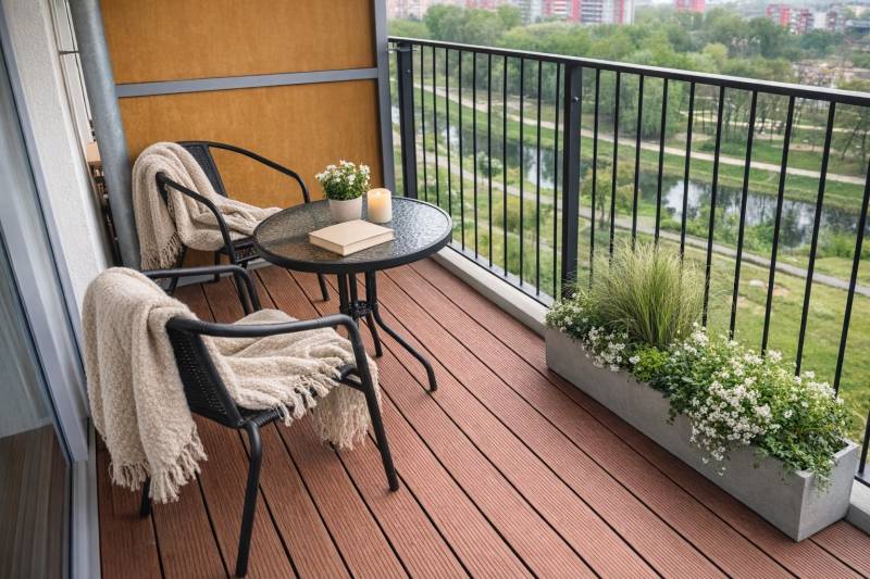 Erkély fa dekorációjú padlóval, asztallal, székekkel és kilátással a természetre.