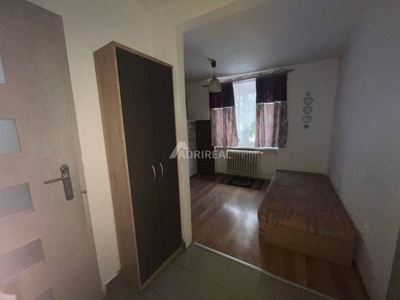 Az egyszobás lakásban látható a fa dekorációjú padló, az ágy és a szekrény.