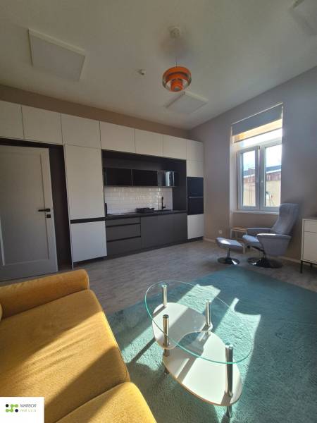 Nappali egy egyszobás lakásban, fa dekorációjú padlóval, kanapéval és üvegasztallal.