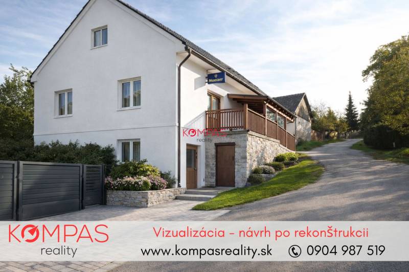 Fehér ház kő részletekkel és kerttel, Vígľašská Huta-Kalinka, üzlethelyiségek.