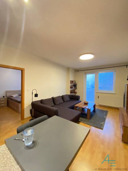 Nappali egy kétszobás lakásban kanapéval és fa mintázatú padlóval.