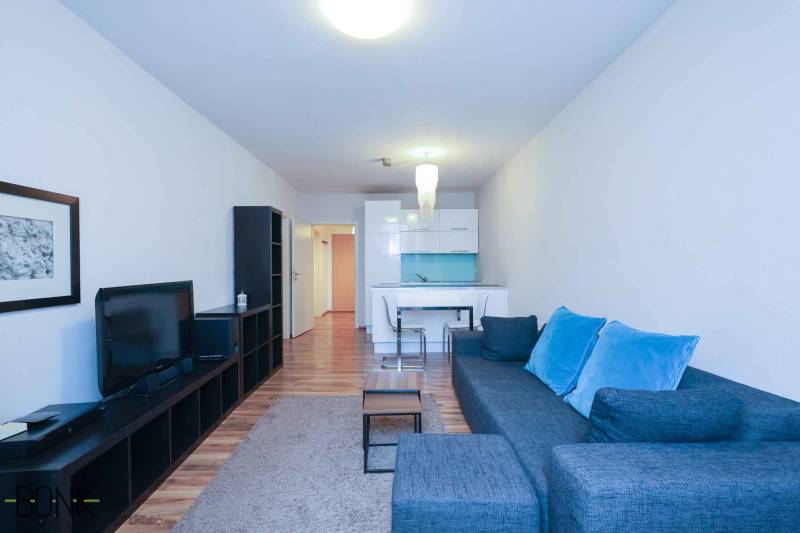 Nappali kanapéval és TV-vel egy kétszobás lakásban, fa dekorációjú padlóval.