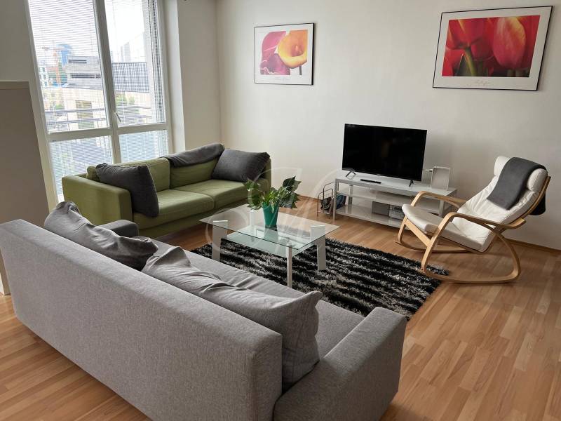 Világos nappali kanapékkal, fotellel és televízióval egy kétszobás lakásban.