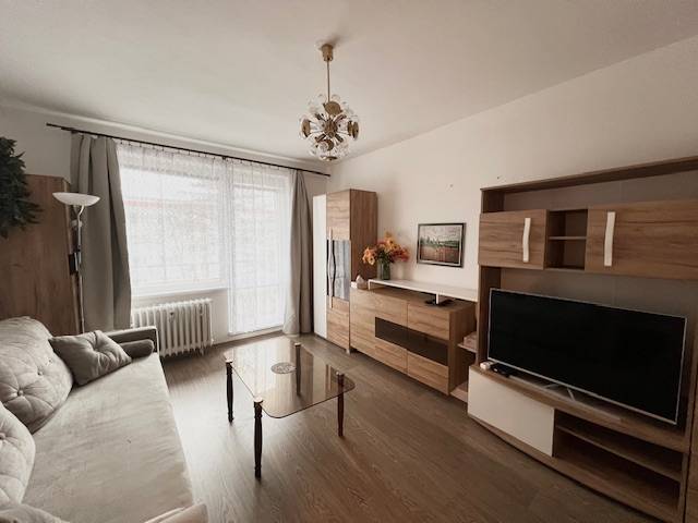 Nappali egy kétszobás lakásban, fa dekoros padlóval, elegáns bútorokkal és televízióval.