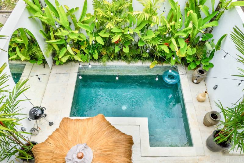 Medence a Berawa utcai villában Canggu-ban, zölddel és dekorációkkal körülvéve.