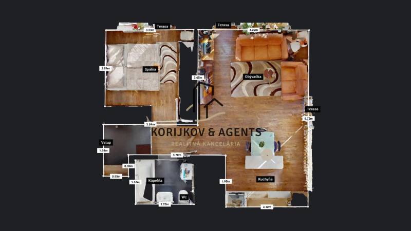 Az alaprajz egy kétszobás lakást ábrázol hálószobával, nappalival, konyhával és fürdőszobával.