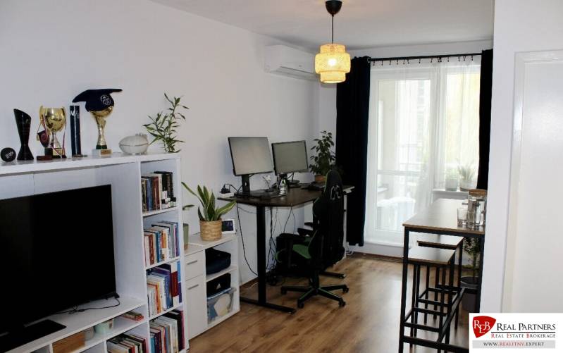 Nappali szoba tele könyvekkel és trófeákkal, íróasztallal és szőnyegpadlóval.