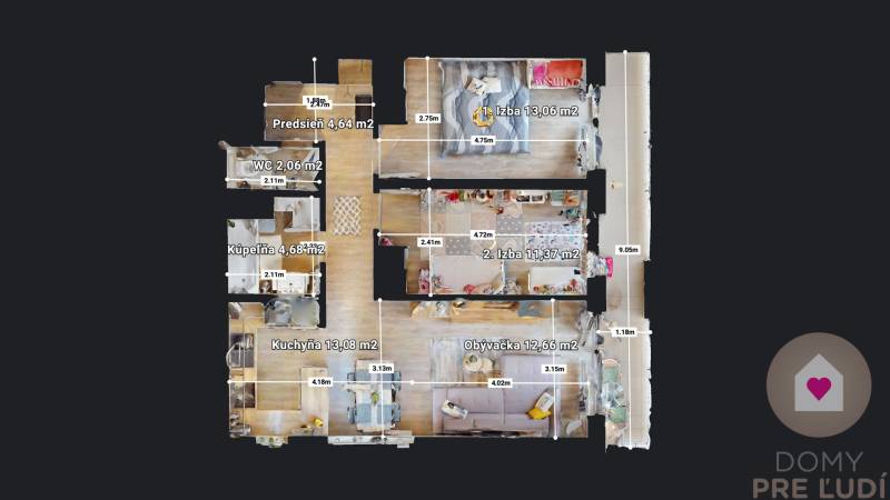 3 szobás lakás alaprajza konyhával és nappalival, fa mintázatú padlóval.