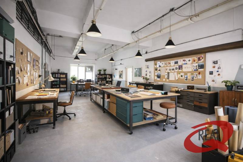 Tágas iroda íróasztalokkal, faliújságokkal és növényekkel a világos padlón.