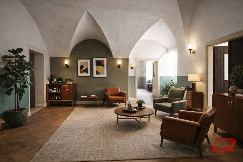 Az épület belső tere fa hatású padlóval, kényelmes bútorokkal és dekoratív elemekkel.