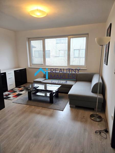 Nappali kanapéval, asztallal és fa dekor padlóval egy egyszobás lakásban.