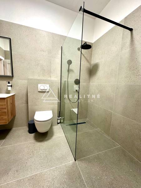 Fürdőszoba egy kétszobás lakásban zuhanyzóval, WC-vel és mosdóval fa dekorációval.