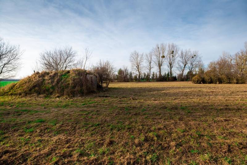 Fás és bokros háttérrel rendelkező füves kereskedelmi telek egy utcán Stupavában.