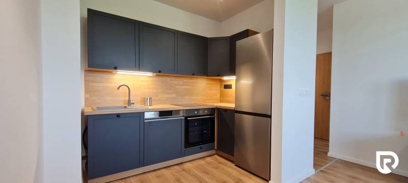 Konyha egy kétszobás lakásban sötétszürke szekrényekkel, fa dekorációval és rozsdamentes acél készülékekkel.