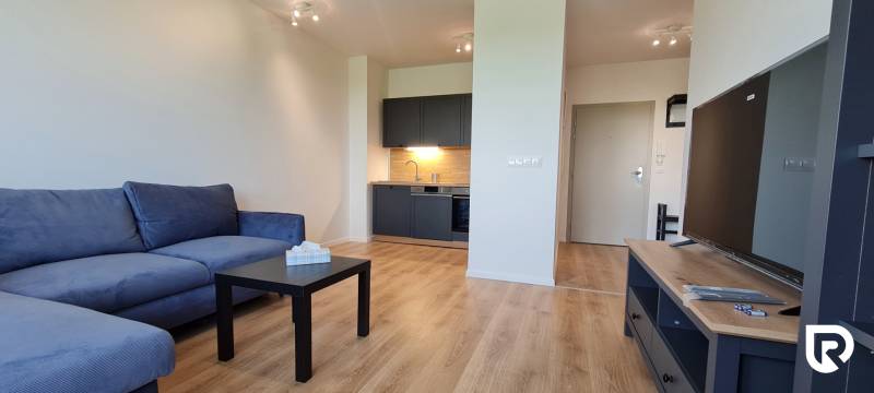 Nappali egy kétszobás lakásban kék kanapéval, konyhasarokkal és fa dekorációjú padlóval.