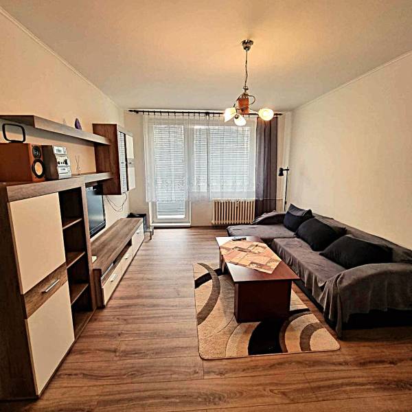 Nappali egy kétszobás lakásban fa dekorációjú padlóval és kanapéval.