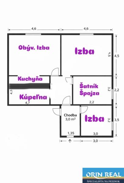 Családi ház alaprajza a következő helyiségekkel: nappali, konyha, szobák, fürdőszoba, kamra.