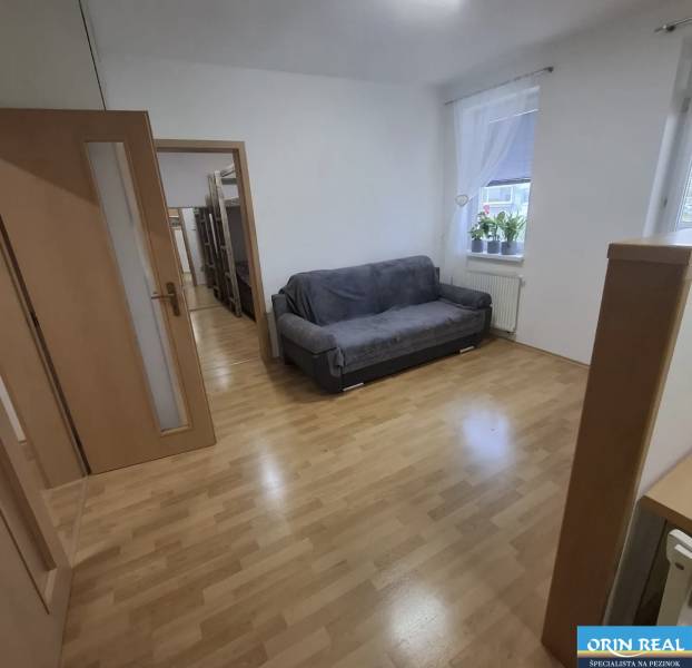 Nappali egy kétszobás lakásban fa dekorációjú padlóval és kanapéval.