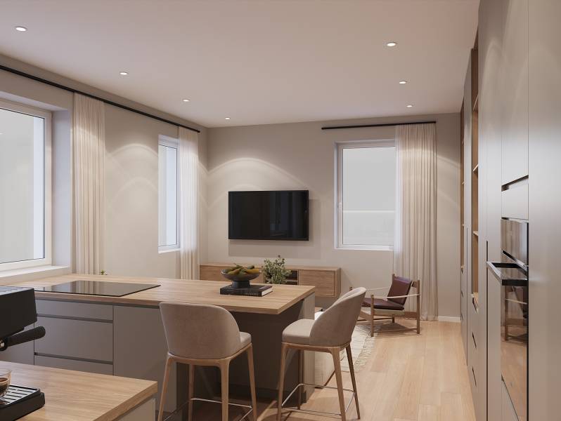 Egyszobás lakás egyszerű belső tere konyhával és nappali résszel, fa dekorációjú padlóval.