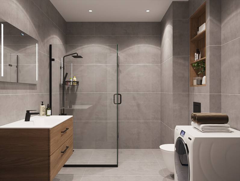 Fürdőszoba zuhanyzóval, mosdóval, mosógéppel és polcokkal egy egyszobás lakásban.