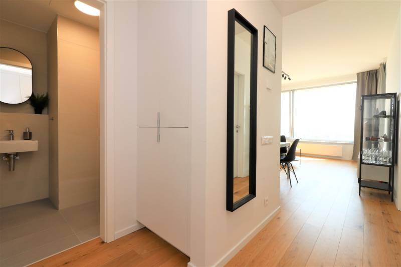 2 szobás lakás belső tere fürdőszobával, tükörrel és fa dekorációjú padlóval.