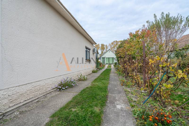 A járda a nagyudvarnoki családi ház mentén halad, egy növényekkel teli kerttel.