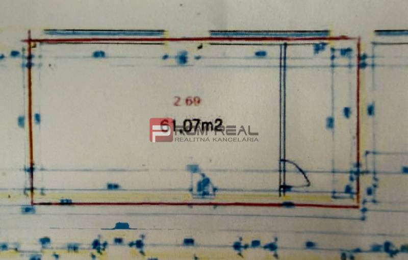 Iroda alaprajza, amelyen a 61,07 m²-es terület van megjelölve a Cintorínska utcában, Pozsony - Óváros.