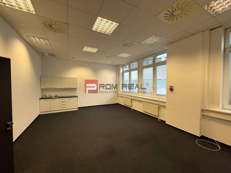 Az irodában fehér szekrények, szőnyegek, mennyezeti lámpák és nagy ablakok vannak.