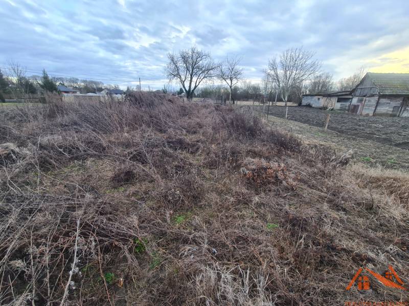 Földterületek - lakóhely Martoson, rendezetlen terep, régebbi faépítmények, fák, felhők az égen.