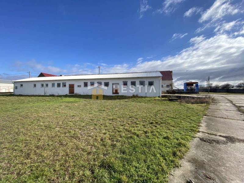 Raktárak és csarnokok Rybkyben, amelyeket zöld terület és betonút vesz körül.