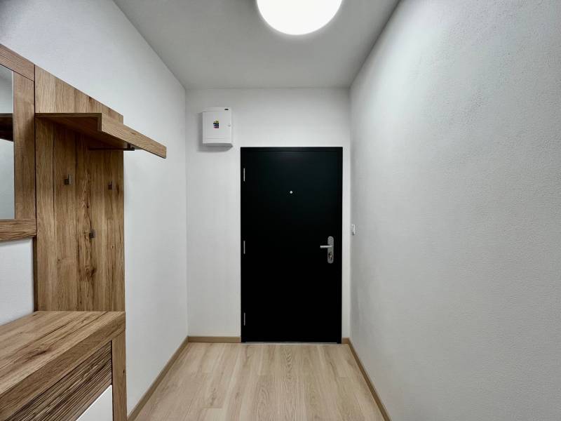 A 2 szobás lakásban van egy előszoba fogassal, fa dekoros padlóval és sötét ajtókkal.