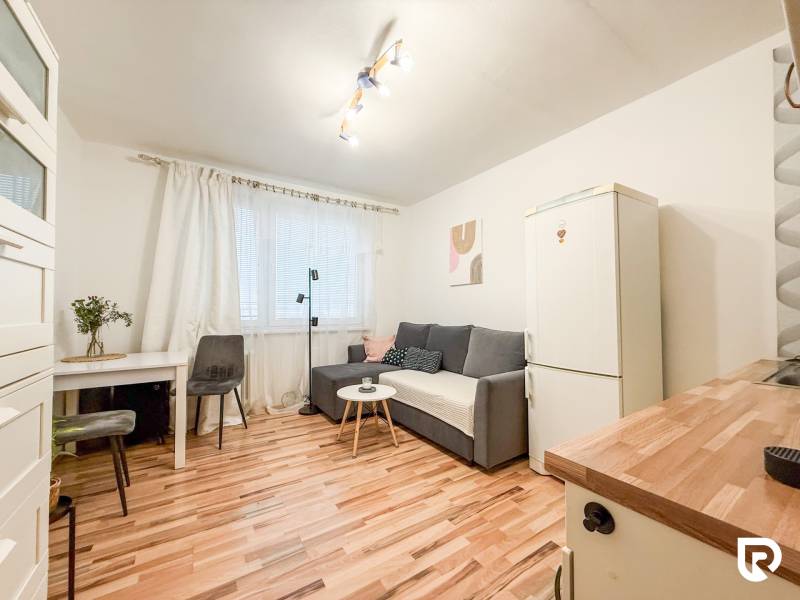 Garzonlakás fa dekor padlóval, szürke kanapéval és fehér hűtőszekrénnyel.