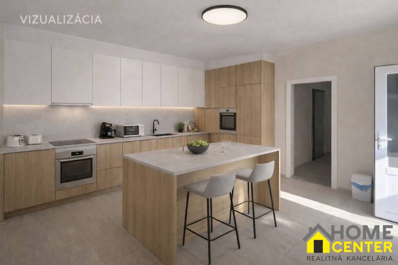 Konyha családi házban szigettel és fa mintázatú padlóval.